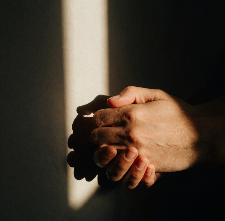 Extreme close-up of a couple's hands gently intertwined, moody directional window light, heavy shadows, warm film grain, 35mm cinematic composition
