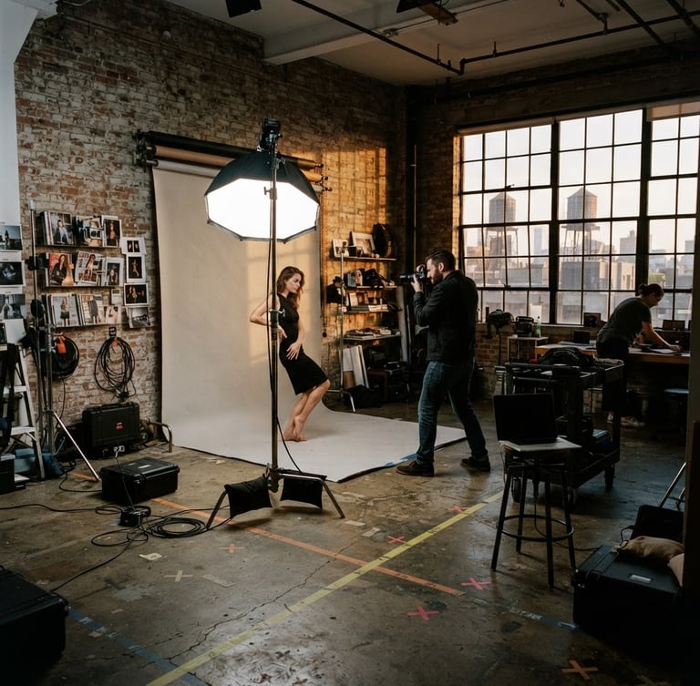 Cinematic wide shot of a messy Brooklyn photography studio, industrial brick walls, a heavy C-stand holding a softbox, tape markings on the concrete floor, warm directional window light mixing with a cold strobe flash, rich film grain.