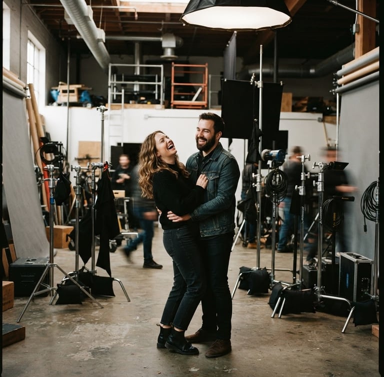 Cinematic wide shot of a couple laughing candidly in an industrial studio space, soft shadows, warm film grain, visible C-stands in the background, 35mm photography