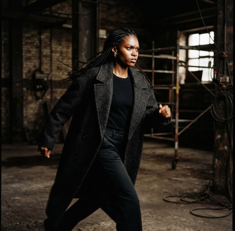 Moody editorial photography, high-contrast studio lighting, close-up of a model in motion against a raw industrial backdrop, warm film grain, 35mm cinematic composition