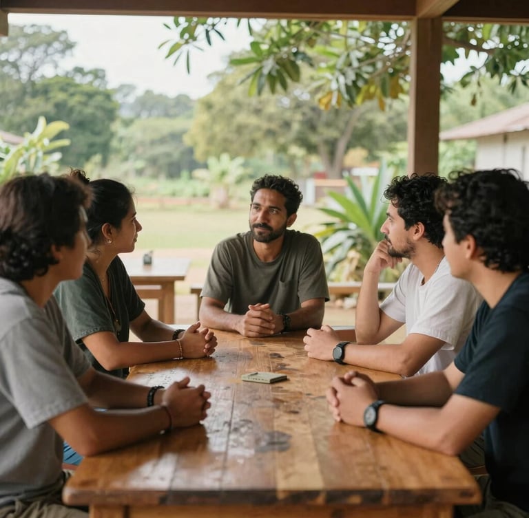 A warm, natural environmental portrait of community leaders collaborating around a wooden table in a sunlit regional workshop, 35mm lens, diffused daylight.