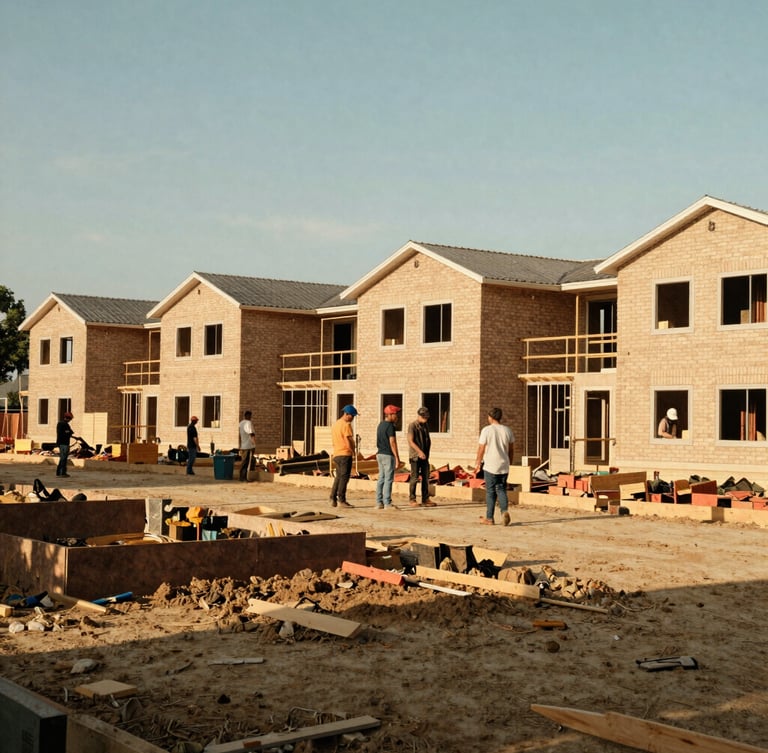 Wide environmental shot of a community-led affordable housing construction site, local builders collaborating in warm afternoon sun, 35mm lens.