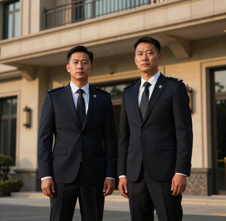 A medium environmental portrait of two professional security specialists in tailored suits standing outside a modern, high-security estate, low-key dramatic lighting, sharp focus, 35mm.