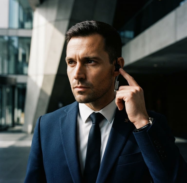 A sharp, close-up editorial shot of a security professional in a tailored dark suit adjusting a discreet earpiece, standing against clean, modern architectural lines under dramatic side-lighting, 35mm.