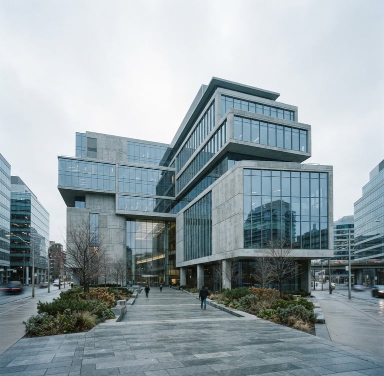 Wide architectural framing of a modern concrete and glass corporate headquarters in Toronto, cool bright overcast daylight, desaturated blues and greys, 35mm