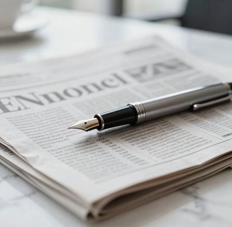 Tight macro detail of a fountain pen resting on an international financial newspaper, clean marble desk setup, high-key natural office light, desaturated tones, 35mm