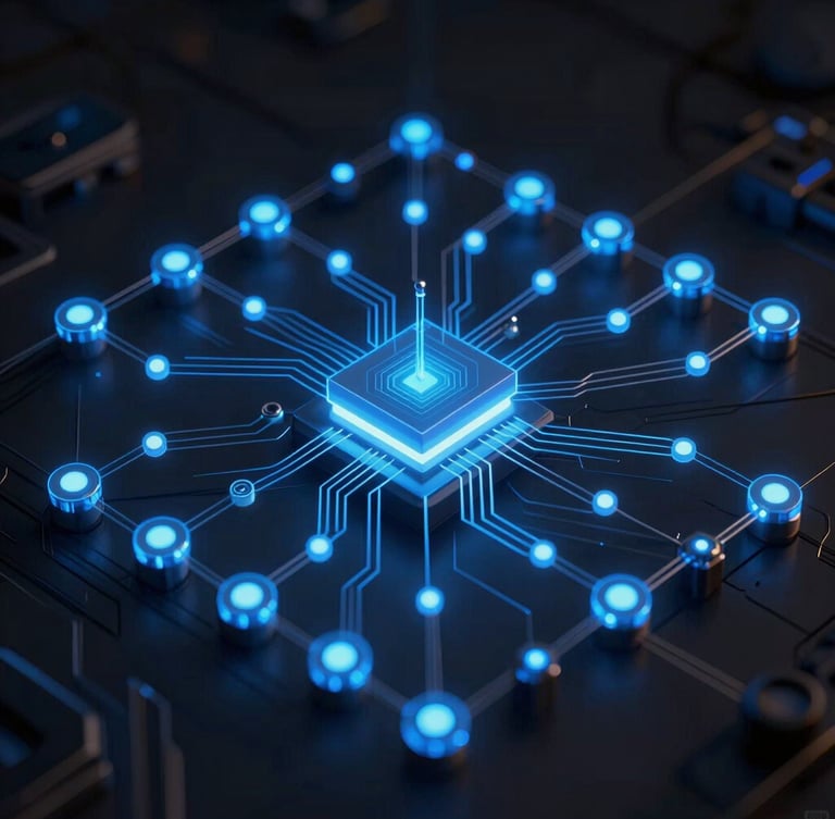 Moody dark-mode tech rendering of a complex system-architecture diagram, glowing electric blue nodes, fine lines, sharp focus, 35mm lens