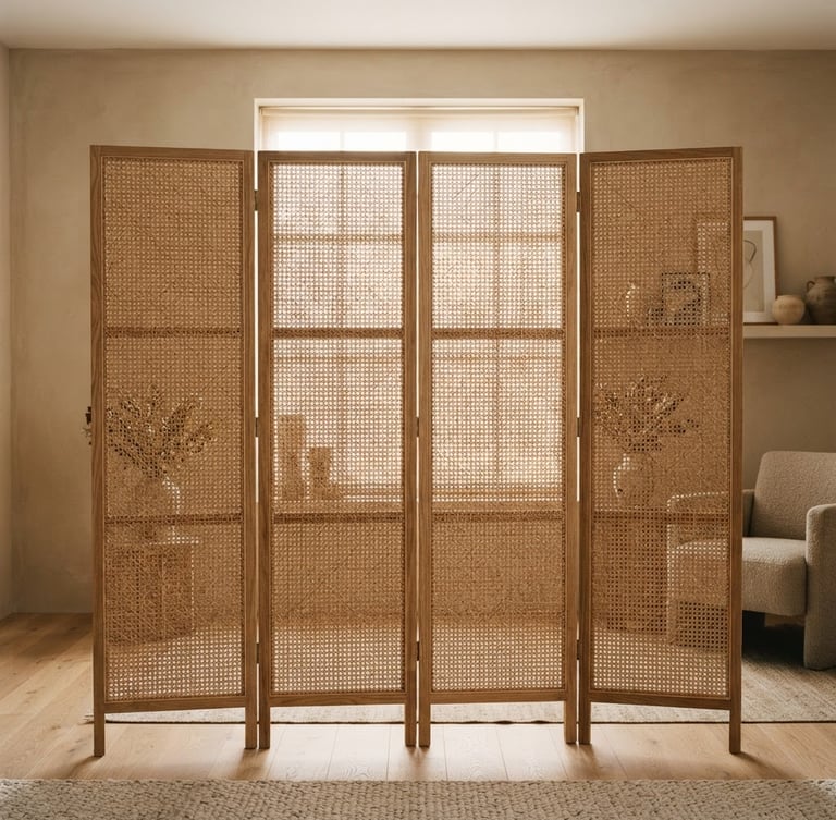 Straight-on architectural medium format photograph of a folding rattan screen filtering soft morning light in a warm minimalist apartment, sand and natural oak tones.