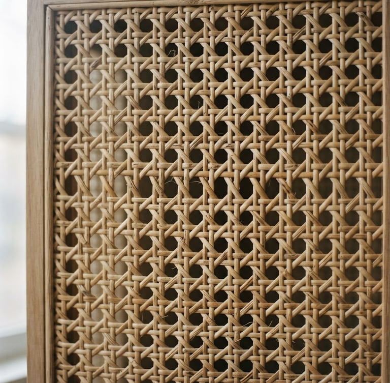 Close-up of natural woven rattan screen texture, soft diffused side-lighting from a window, muted sand tones, architectural detail