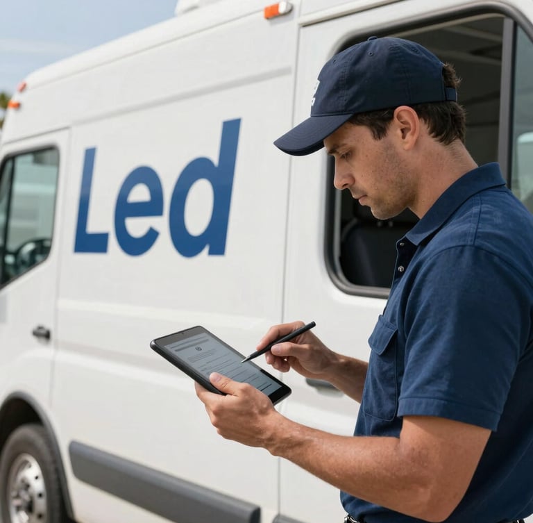 A hands-on contractor in Anaheim checking lead notifications on a tablet inside a branded service truck, bright daylight, clean composition.