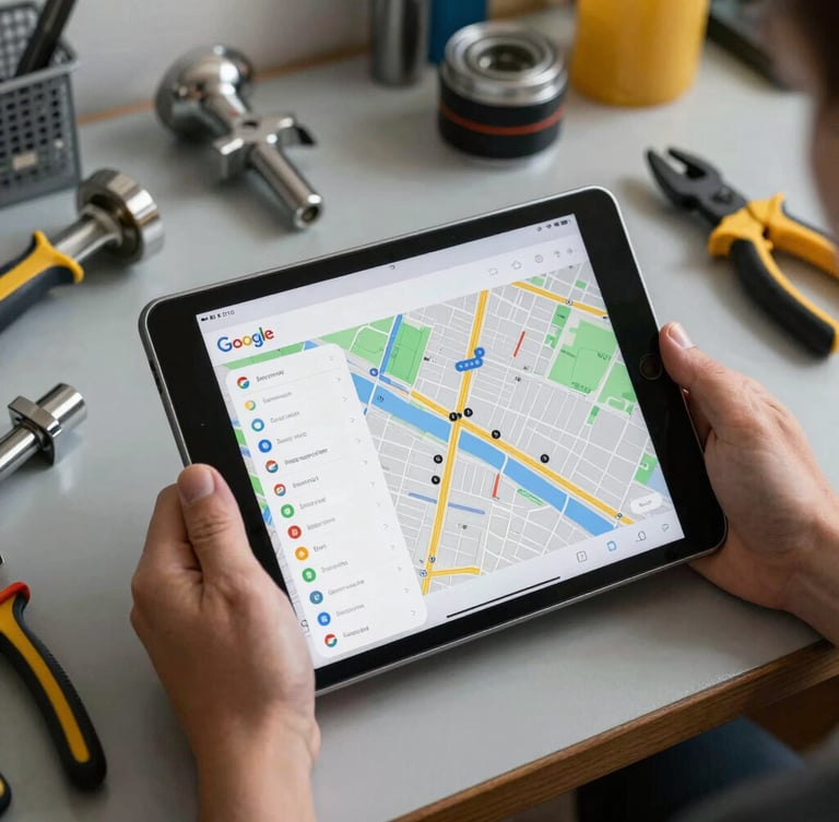 Hands holding a tablet showing a clean Google Map listing next to plumbing tools on an organized workbench.