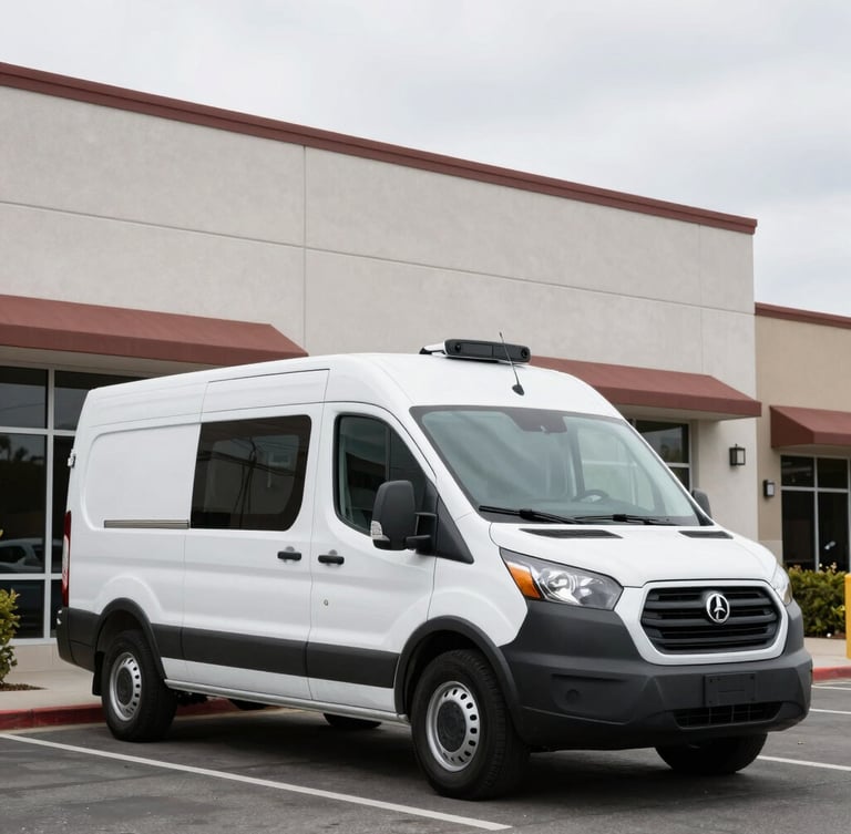 An HVAC service van parked outside a commercial building in Anaheim, bright overcast daylight, clean composition.
