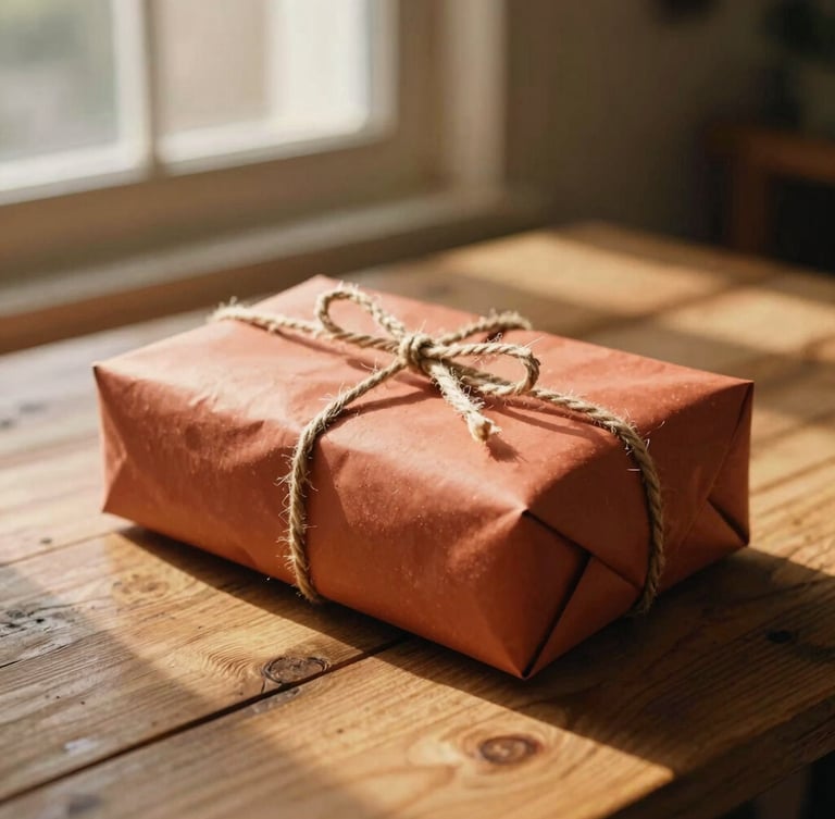 Warm editorial photography of a hand-wrapped parcel in terracotta paper tied with jute twine, golden-hour window light casting soft shadows on a rustic wooden table, 35mm film style.