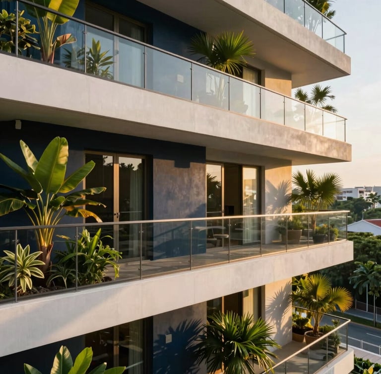 Modern luxury residential balcony in Singapore with lush tropical plants, clean architectural concrete, golden sunlight casting long shadows