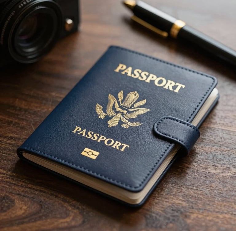 Macro detail shot of a luxury leather passport holder and high-end stationery on a dark wood desk, soft side lighting
