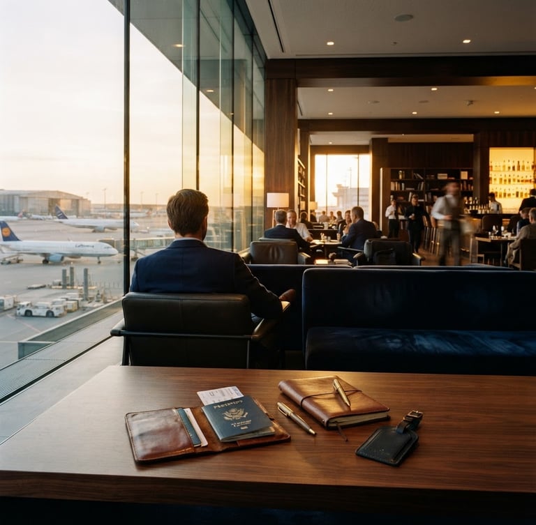 Wide environmental shot of an elegant airport lounge at golden hour, warm light reflecting on glass facades, leather travel documents on a wooden table, 35mm, editorial style