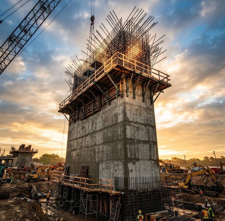 Low-angle heroic shot of a massive concrete bridge pier under construction, dramatic morning sunlight hitting the raw steel reinforcement bars, high-contrast industrial documentary style