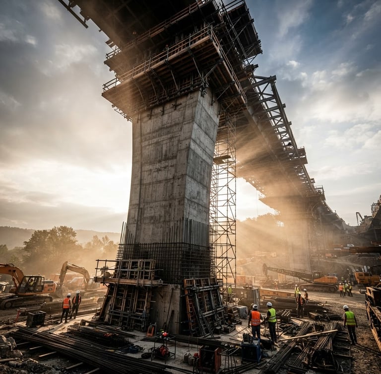 Wide-angle low-angle heroic shot of a massive concrete bridge pier under construction, dramatic morning dust-lit job site, high-contrast steel and concrete tones