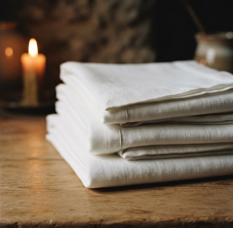 Portrait of meticulously folded, clean white linen on a warm sand-toned surface, soft low-key candlelight, shallow depth of field, moody editorial photography.