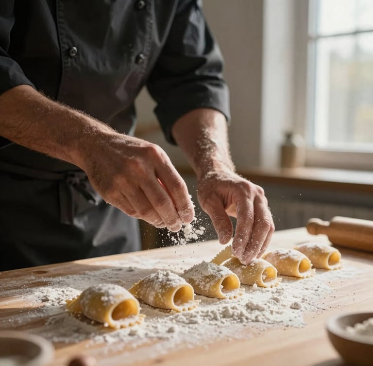 A close-up of a chef's hands dusting flour over freshly rolled pasta on a wooden table, soft morning Scandinavian daylight streaming from a side window.