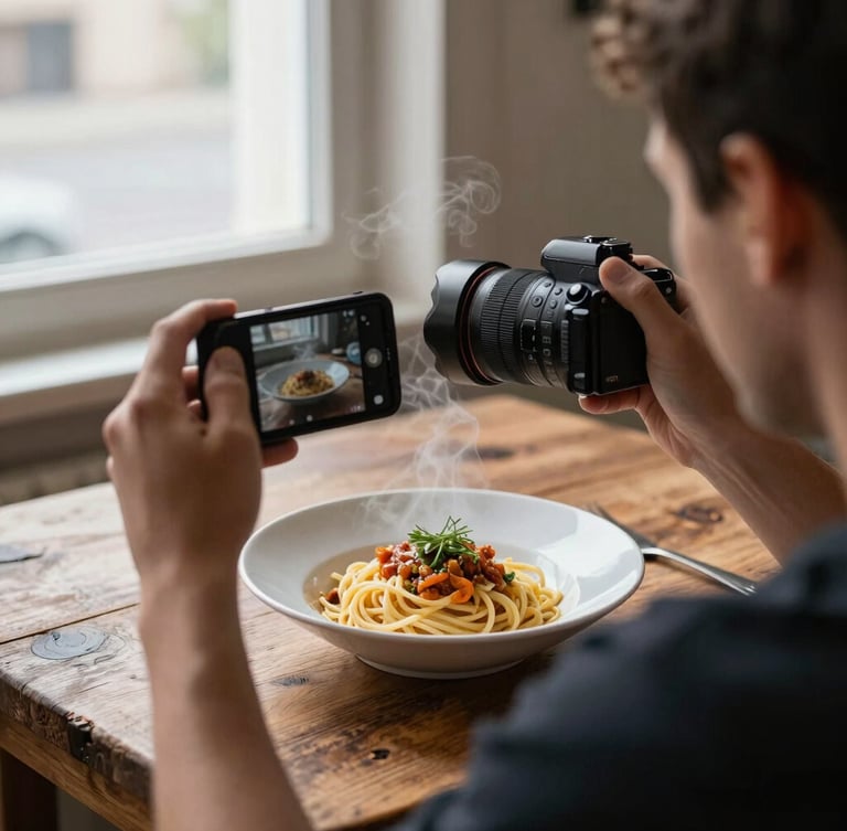 Over-the-shoulder shot of a photographer framing a steaming bowl of handmade pasta on a rustic wood table, soft natural Scandinavian daylight from a side window.