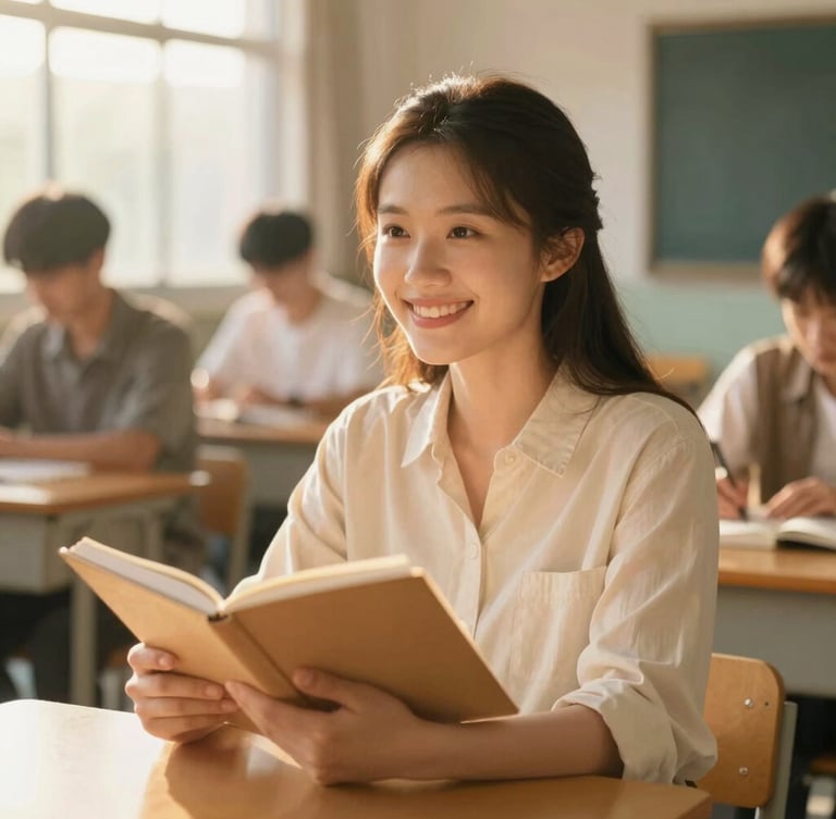 A local woman smiling warmly in a sunlit outdoor classroom, holding a notebook, warm golden-hour sunlight, shallow depth of field, 35mm
