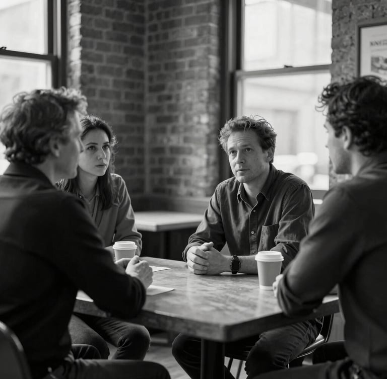 Documentary-style monochrome photograph of three professionals in deep conversation around a concrete table in a King West brick-and-beam space, soft natural window light, shallow depth of field.