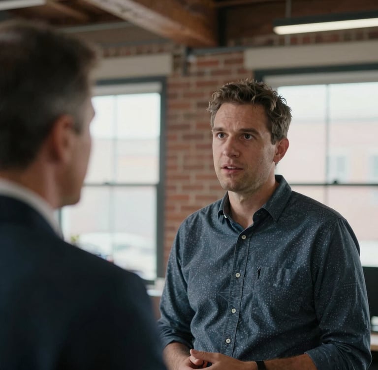 Documentary-style tight shot of two professionals in deep conversation in a brick-and-beam King West office, soft natural light, shallow depth of field.