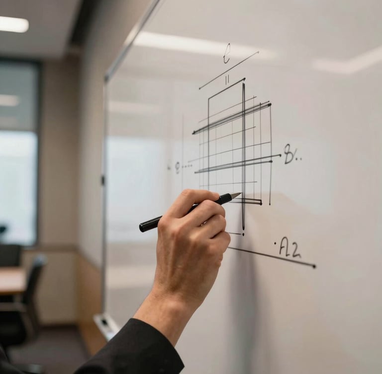 Close-up of hands sketching a structural diagram on a whiteboard in a sleek Financial District boardroom, warm low-key lighting.