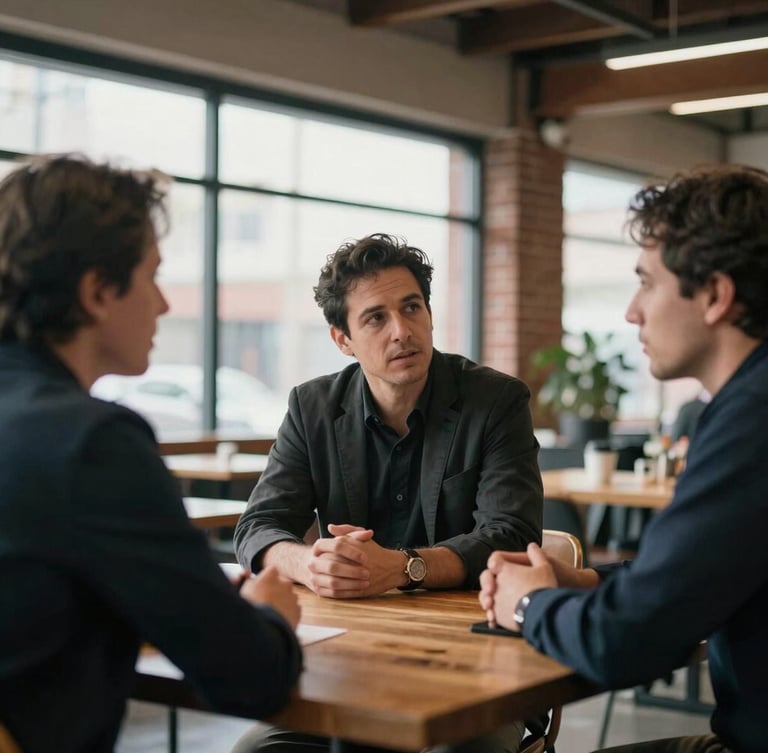 A high-focus, documentary-style shot of three professionals in deep conversation around a wooden table in a brick-and-beam King West space, soft natural overcast light, shallow depth of field.