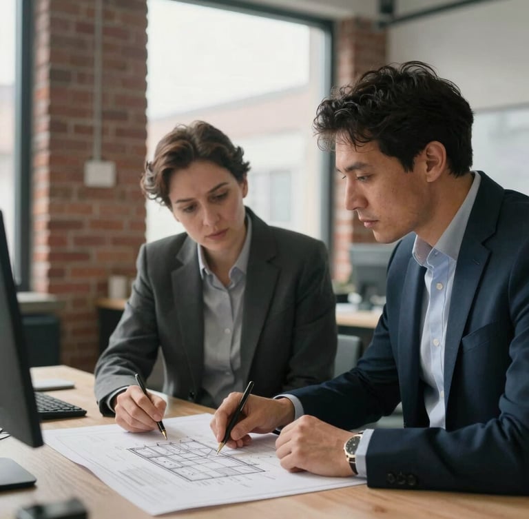 Documentary-style tight shot of two business partners in a brick-and-beam King West office, reviewing a structural diagram on a table, natural overcast light, shallow depth of field.