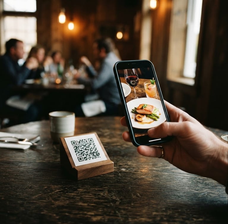 Close-up of a hand holding a smartphone scanning a clean QR code on a dark oak restaurant table, screen displaying a beautiful digital menu with rich food photography, warm ambient lighting, 35mm film style.