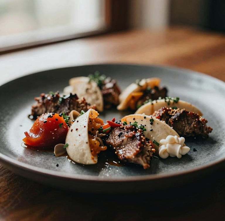 Close-up of a beautifully plated Mediterranean dish on a dark ceramic plate, warm side lighting, rich textures