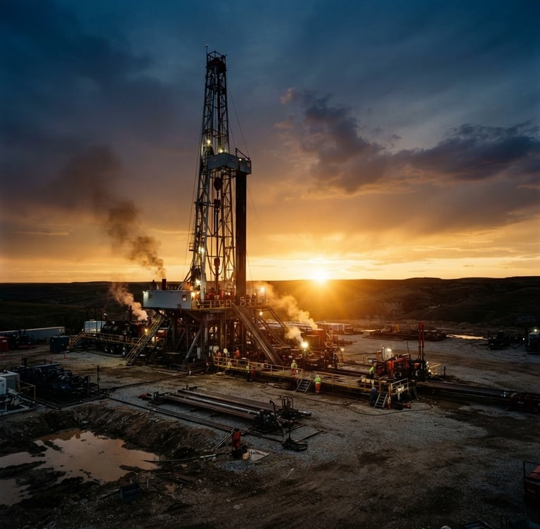 Cinematic wide-angle shot of a modern onshore drilling rig at twilight, golden-hour flares, deep shadows, high-contrast black and gold tones, sharp focus, 35mm film.