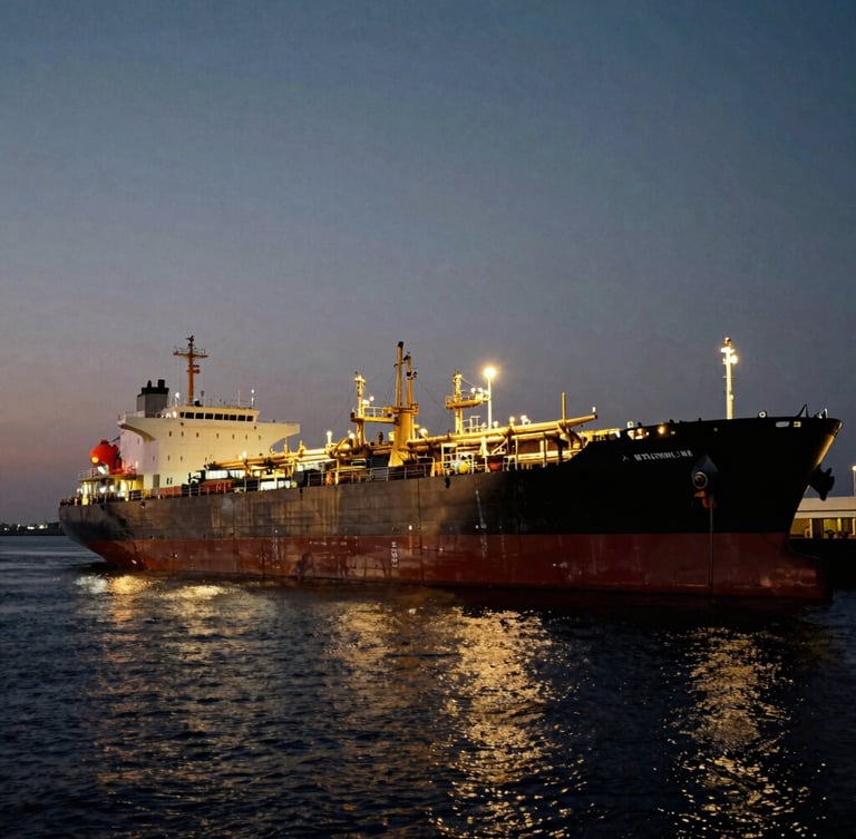 Cinematic wide shot of a massive oil tanker docked at a deepwater port at twilight, cool ambient tones, glowing gold deck lights reflecting on dark water.