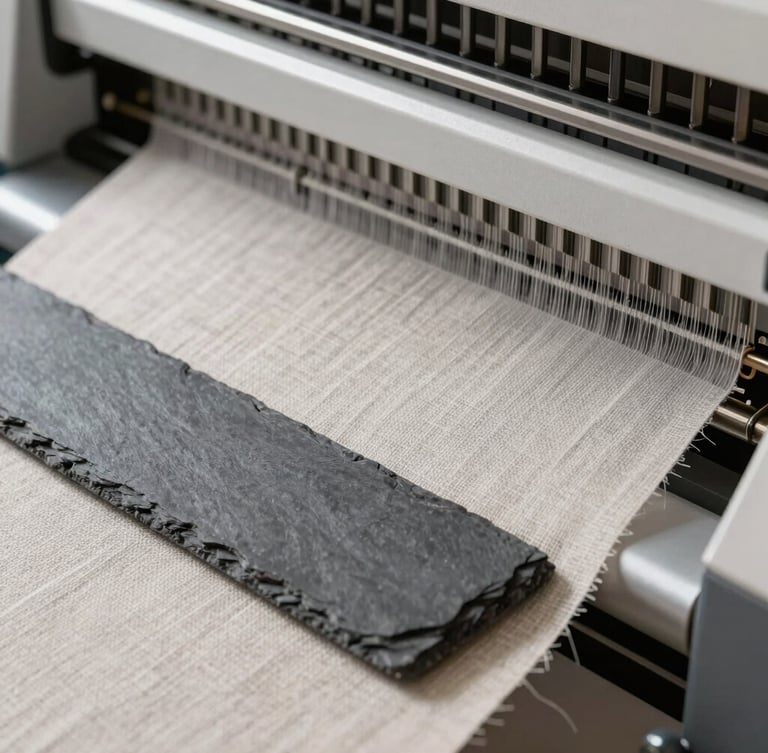 Macro close-up of high-tech automated textile cutting machine precision slicing linen fabric, bright neutral studio lighting, slate and linen tones, sharp focus