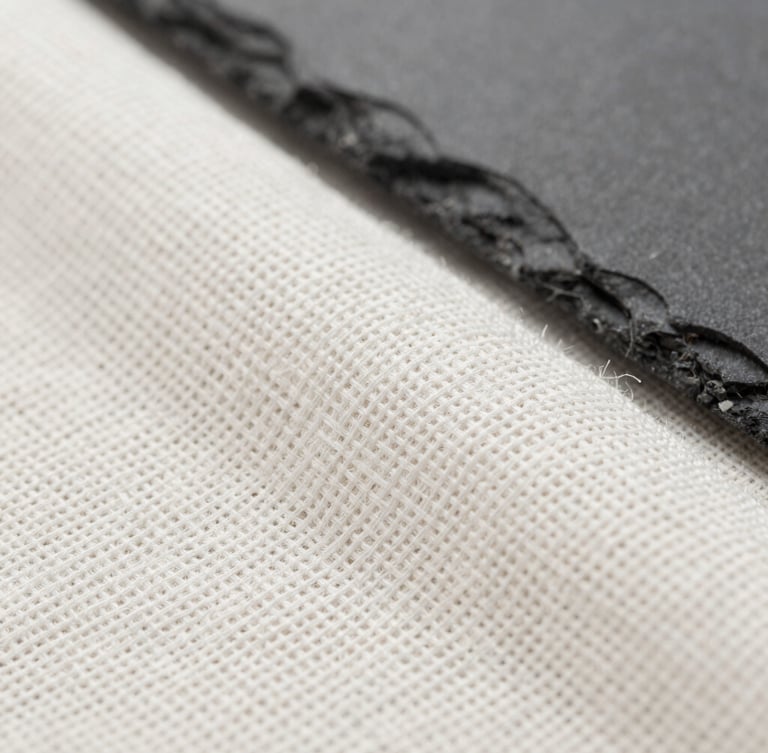Macro close-up of premium white linen textile weave, bright neutral studio light, sharp focus on fabric threads, high-contrast slate tones