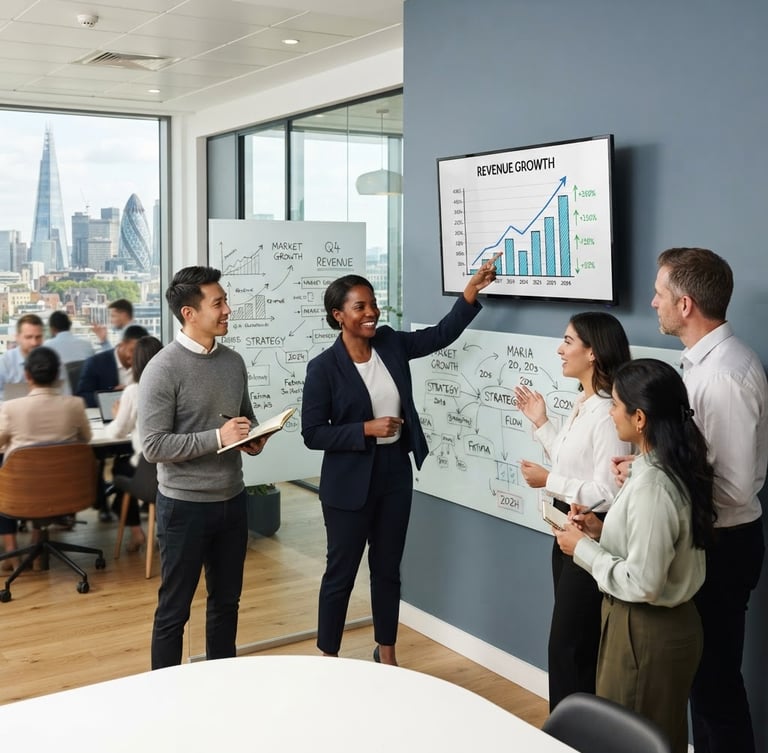 A modern London office space, a diverse team collaborating around a physical whiteboard, one person pointing at a screen displaying an upward-trending revenue chart, bright natural light, cool blue and slate tones, 35mm lens.