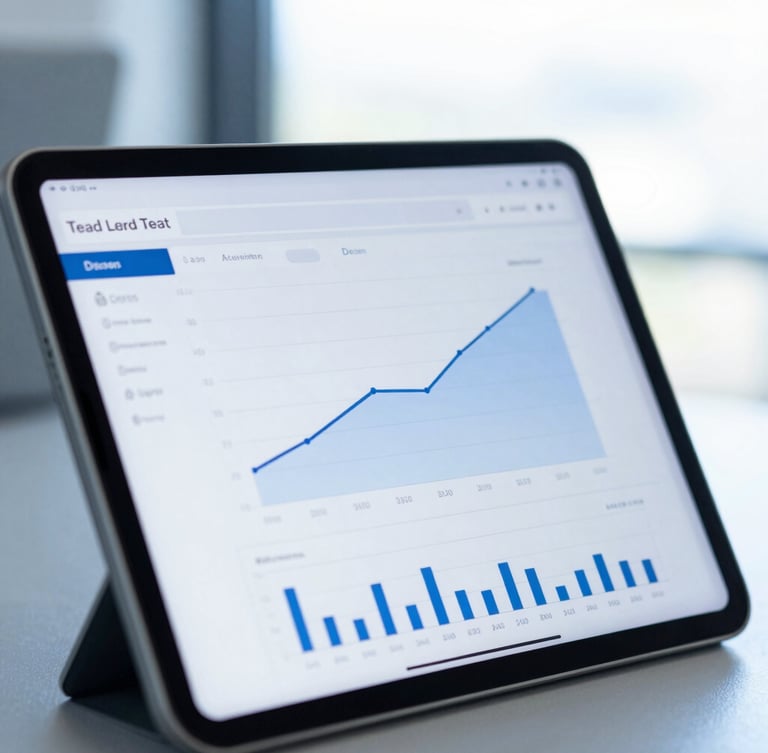 Close-up of a modern tablet screen displaying a clean dashboard with upward-trending lead acquisition charts, bright natural office light, cool blue tones, sharp focus.