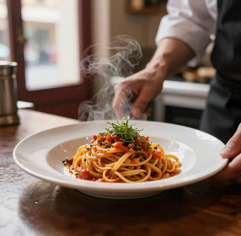 A chef carefully plating a vibrant artisanal pasta dish in a warm, bustling local neighborhood kitchen, soft steam rising, shallow depth of field