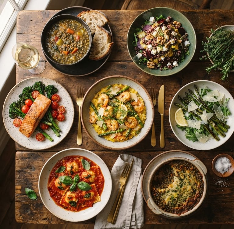 Overhead flatlay of curated weekly menu dishes arranged on a rustic wooden table, warm natural window light, rich saturated tones, 35mm