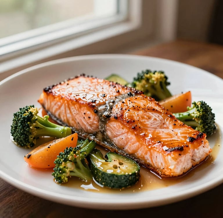 Close-up of a freshly plated pan-seared salmon with seasonal vegetables, glistening sauce, warm directional window light, 35mm