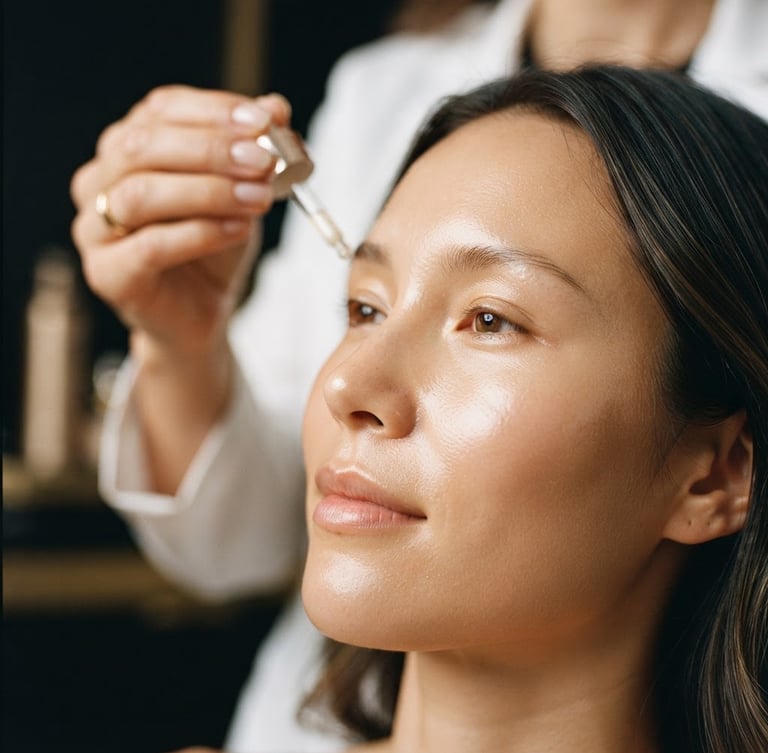 Close-up of pristine, glowing skin with soft warm studio lighting, elegant hands of a clinician visible in the background, 35mm editorial beauty photography