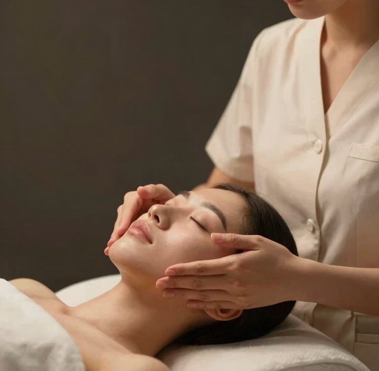 Elegant aesthetic practitioner in clean minimalist attire, performing a precise facial treatment with gentle hands, soft warm studio lighting, deep charcoal background, 35mm