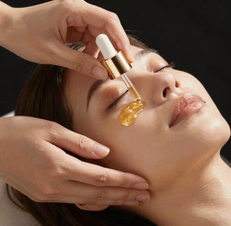 Elegant professional hands applying a golden facial oil, close-up on glowing skin, soft directional warm lighting, 35mm