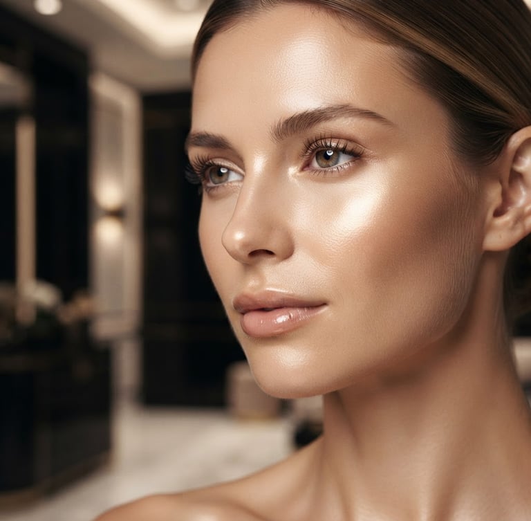 Close-up of pristine, glowing skin with warm champagne-gold light reflecting off the cheekbone, soft-focus luxury clinic background, editorial beauty photography, 35mm