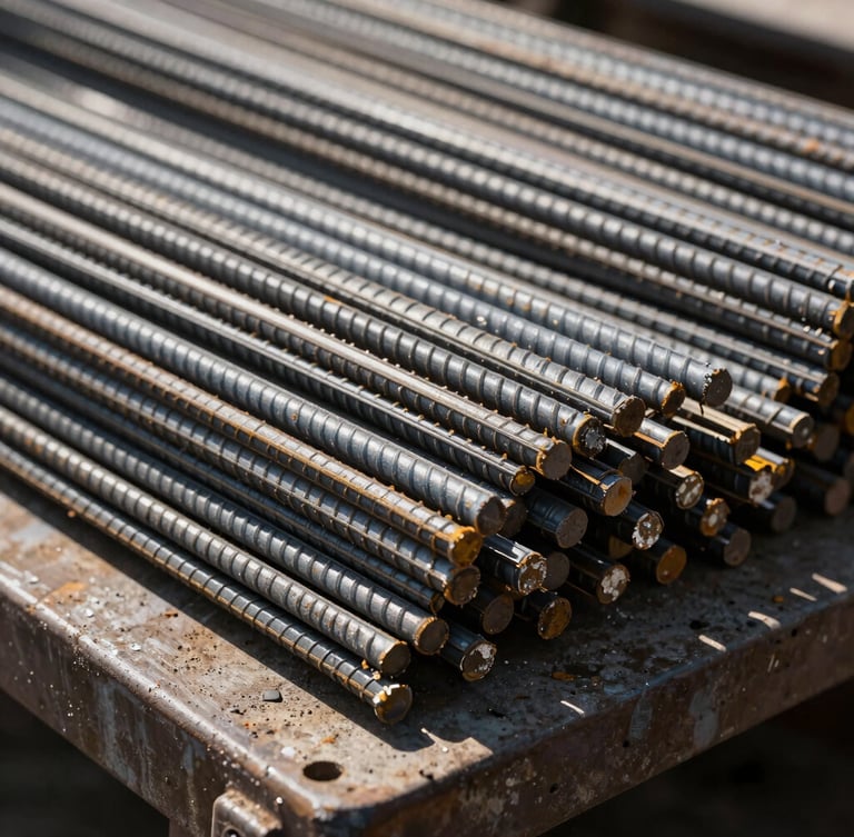 Tight macro shot of raw steel rebar bundles on a heavy transport flatbed, hard sunlight, deep shadows, industrial editorial photography