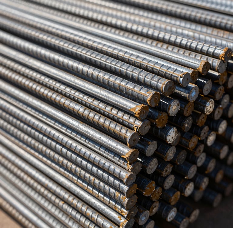 Macro industrial shot of stacked ribbed steel rebar in high-contrast natural daylight with deep shadows, raw steel tones, 35mm lens
