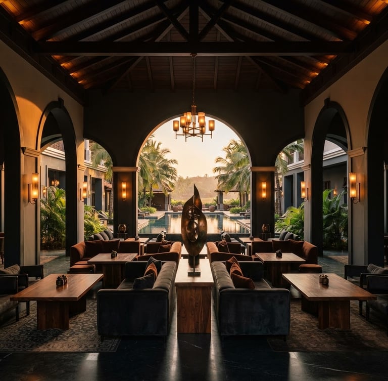 Wide-angle interior shot of a modern, luxurious Goan hospitality space at golden hour, architectural symmetry, deep shadows, warm bronze accents. No people.