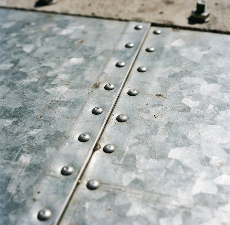 Tight macro shot of clean metal seams on galvanized steel sheets, high-contrast natural site light, sharp focus, 35mm